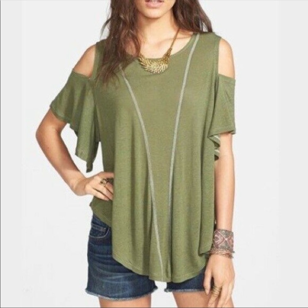 We the Free Green Cold Shoulder Flutter Sleeve Top